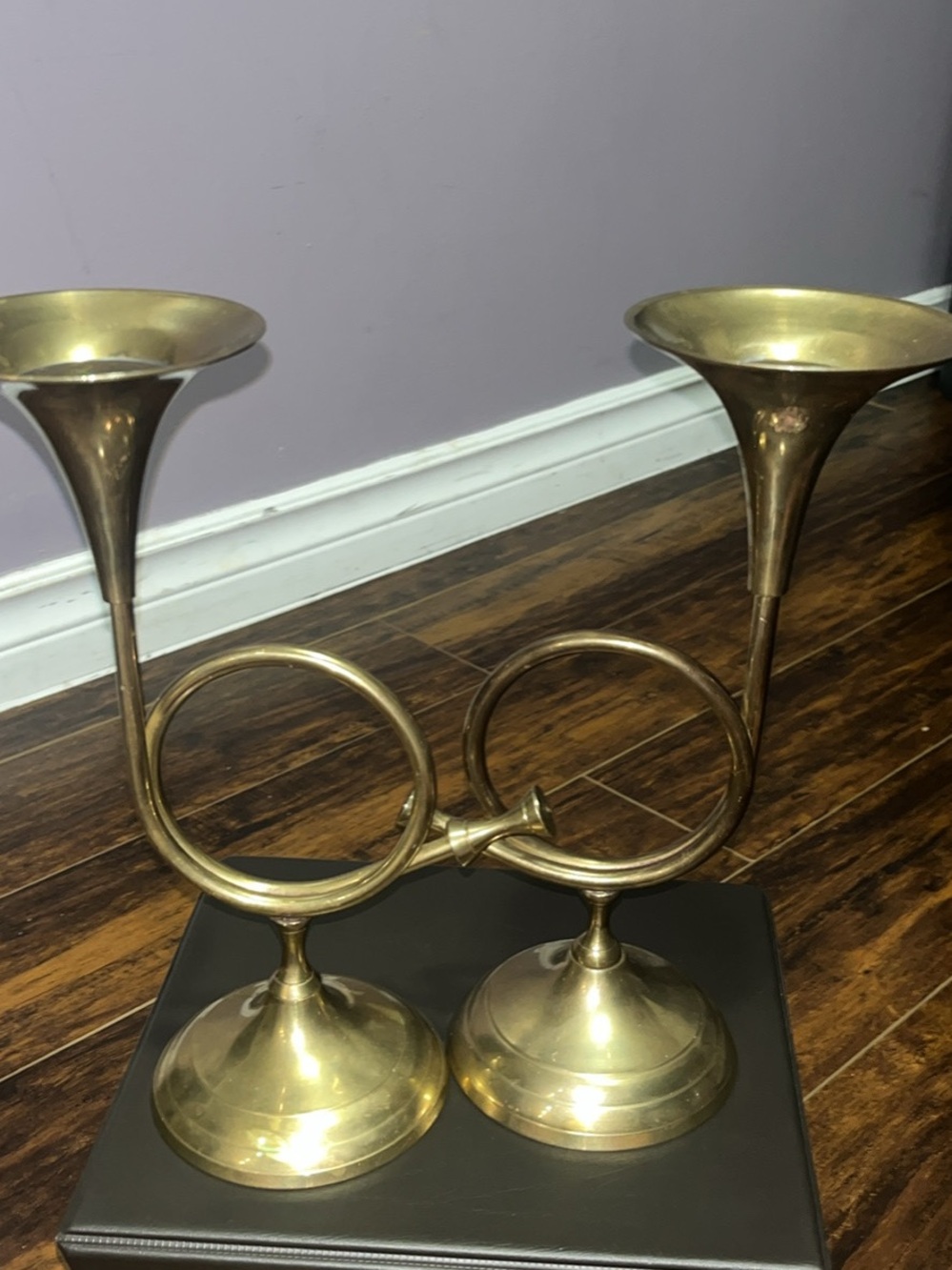 Vintage Brass Double Horn Candleholder - Gold Decorative Accent